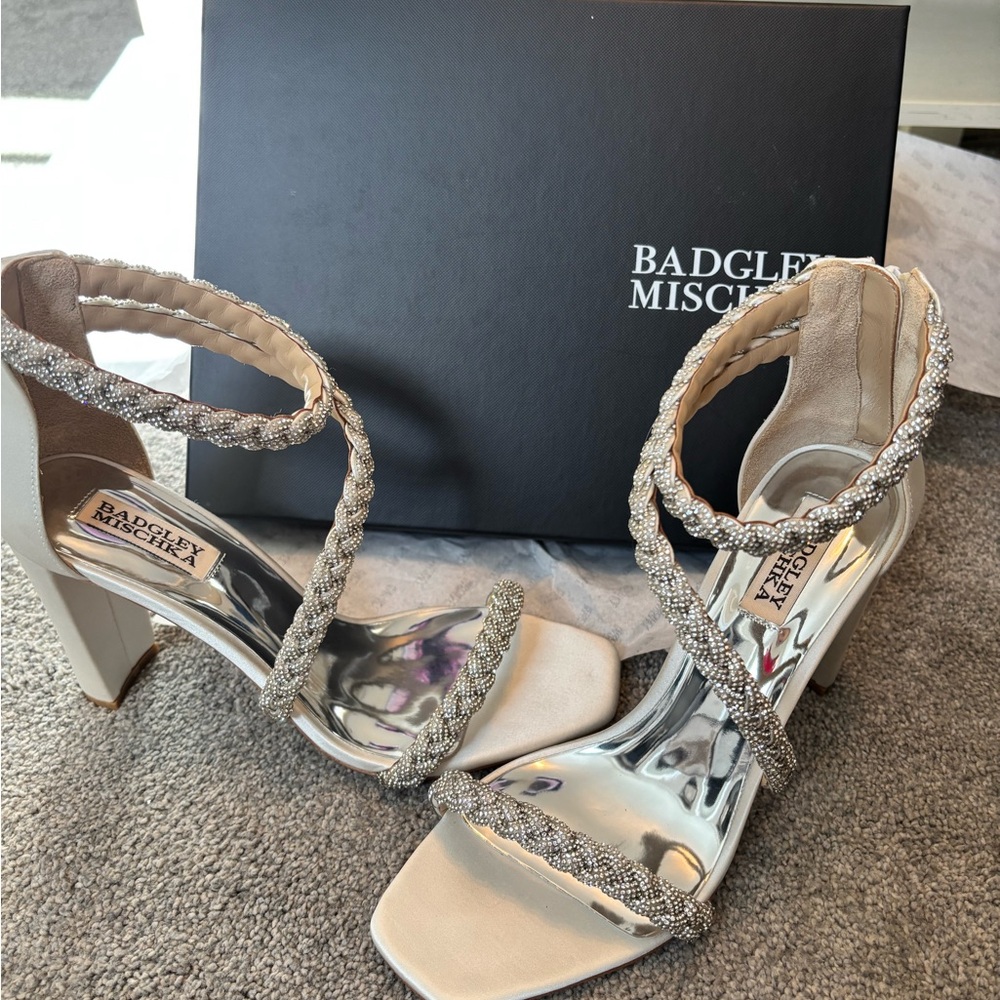 Badgley Mischka white satin Fenix Block Heel